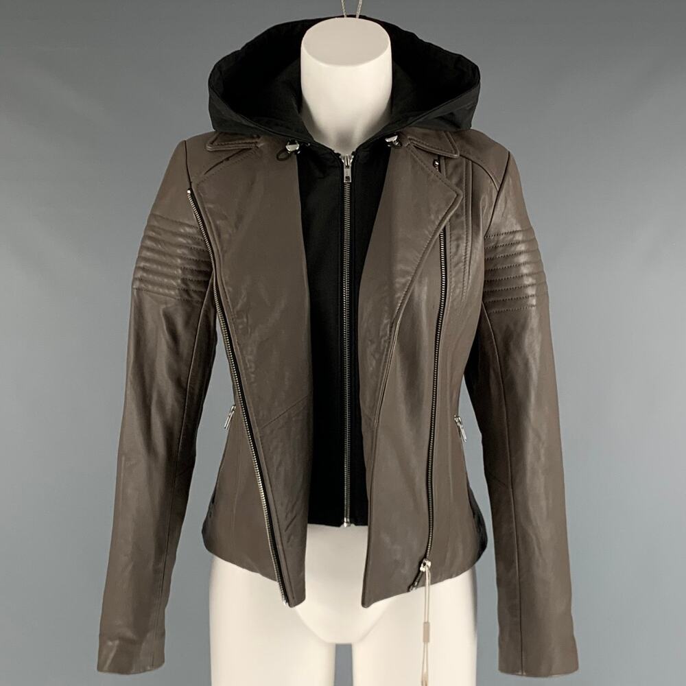 SOIA & KYO Size XS Grey Black Leather Mixed Materials Hooded Jacket